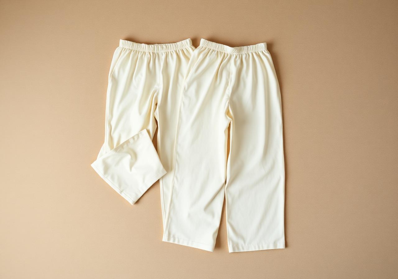 Two pairs of cream silk pajama pants laid flat — a shorter standard length and a full-length 37 inch inseam