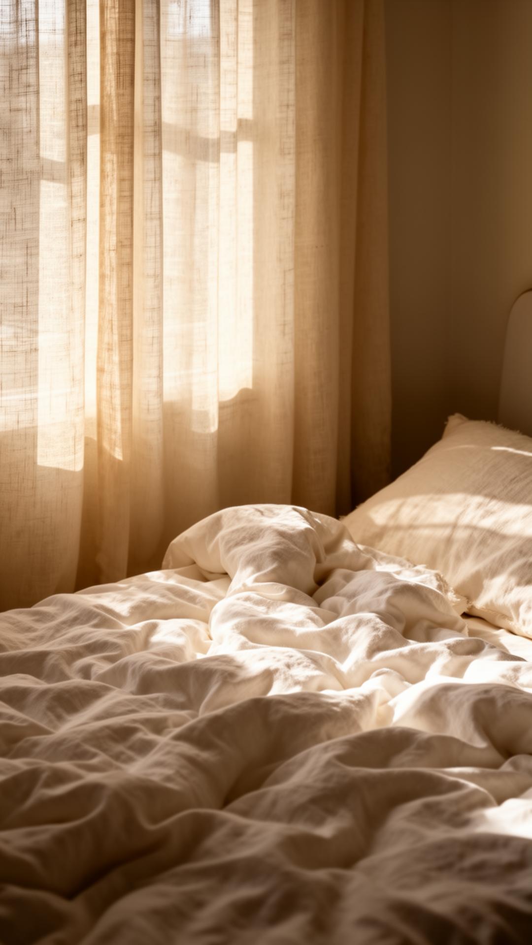 Soft morning light through gauzy linen curtains over an unmade bed